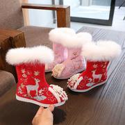 冬季儿童棉靴汉服鞋加绒公主鞋女童靴子绣花鞋中国风宝宝棉鞋