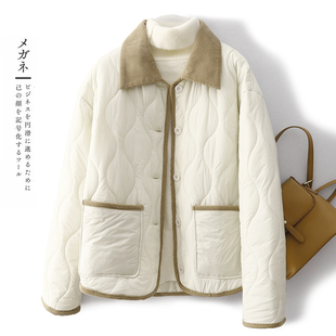 小菲家~轻薄羽绒棉服女2024新款灯芯绒衬衫领冬季菱格外套