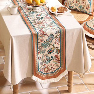 朴居美式乡村桌旗复古亚麻，高端田园风，茶几旗盖布流苏装饰长条桌布