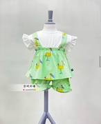 韩国中小童装夏女宝宝，果绿假两件假背带裙衫t恤短裤套装