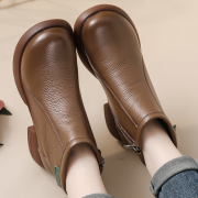 全牛皮马丁靴秋季中跟厚底短靴粗跟真皮靴子女冬季复古妈妈鞋