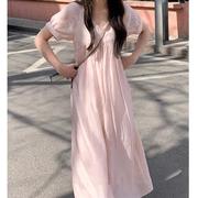改良新中式粉紫色圆点连衣裙夏季显瘦V领系带长裙2024