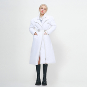KMSK 白色鸭绒羽绒服女长袖冬季中长款加厚保暖绑带拼接收腰外套