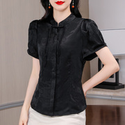新中式国风提花短袖衬衫女夏装气质黑色显瘦小衫收腰洋气上衣