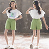女童蕾丝花边短袖T恤绿色宽松短裤中大童夏季儿童女孩两件套装