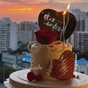 七夕蝴蝶结珍珠蛋糕装饰插件红色大爱心玫瑰花亚克力镜子甜品插牌