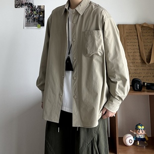 B东日系男装户外休闲机能面料垂感清凉复古翻领长袖衬衣纯色衬衫