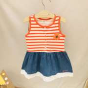 韩国中小童装2021夏季女童，宝宝橘色条纹背心，裙儿童连衣裙子
