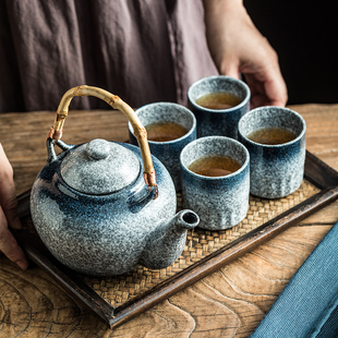 大容量茶壶陶瓷壶复古日式功夫茶壶，竹柄手提壶冲茶壶喝茶单壶