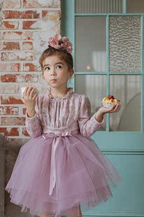龙凤妈妈韩国童装 女童娃娃领印花时尚网纱公主裙2021秋B033