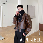 韩国版男装东大门23秋学生明星个性罗纹，拼接立领短款皮衣夹克外套