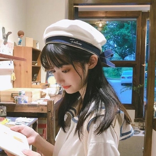 贝雷帽子女春夏天白色海军帽韩版刺绣字母蝴蝶结水手帽学生画家帽
