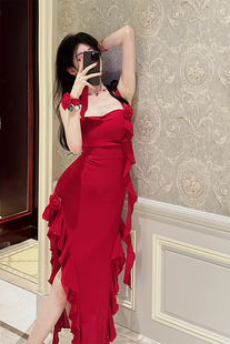Sun雅乔西西里2.0春夏辣妹不规则雪纺红玫瑰荷叶边吊带长裙子