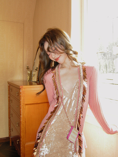 smol粉色针织外套女薄款秋装，设计感亮片，上衣修身长袖小开衫
