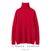不凡显品味~男女红色粗坑条重磅山羊绒，粗棒针织加厚短高领，毛衣衫(毛衣衫)