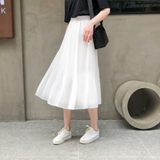 韩国百褶雪纺半身裙，女中长款夏季高腰，显瘦a字遮胯裙子网纱裙