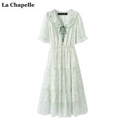 拉夏贝尔/La Chapelle娃娃领小清新绿色碎花连衣裙女夏雪纺裙