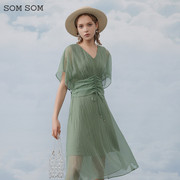 SOMSOM/索玛气质雪纺裙子女夏季显瘦收腰短袖高腰中长款裙子22324