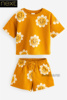 英国next女童姜黄花朵短袖，t恤运动衫，短裤夏季套装q64-151