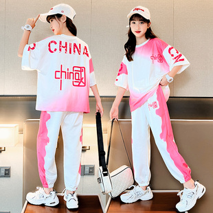韩范渐变色中国套装男女童，夏季薄款运动演出服，宽松休闲短袖长裤潮