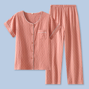 夏季纯棉女士短袖九分裤，家居服薄款纱布开衫，睡衣套装简约宽松全棉