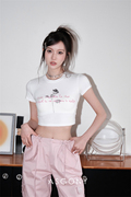 设计师ASGONY 金属玫瑰字母印花短款T恤上衣高腰直筒粉色工装裤