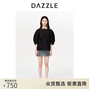 DAZZLE地素奥莱春夏装黑色格纹压褶泡泡袖廓形衬衫衬衣上衣女