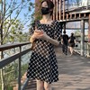 2023夏季复古方领线条，格子黑色裙子简约韩版气质短袖连衣裙女