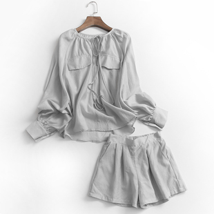 P705纯色宽松薄款圆领插肩长袖夏季外穿防晒套装百搭女式衬衫