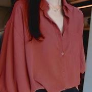 法式复古红色宽松雪纺五分袖衬衫女夏季薄款真丝设计感灯笼袖上衣