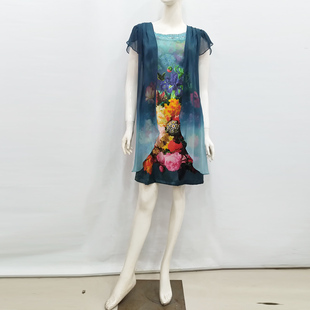 杭州丝绸S15151绝版喷绘连衣裙彩纹短袖包臀中裙