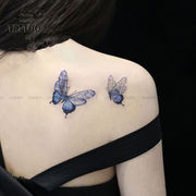 纹身贴两只蝴蝶蓝色，后背防水持久女男，仿真刺青网红暗黑系