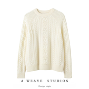 巨爱的质感~100%纯羊绒冬季圆领百搭重磅绞花毛衣白色加厚针织衫