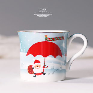 红色小雨伞圣诞马克杯 骨瓷水杯精美描金奶茶咖啡杯 小幸运