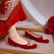 红色结婚鞋子新娘鞋秀禾服婚纱两穿中式水晶孕妇粗跟不累脚高跟鞋