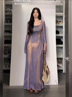 大码法式高级感显瘦紫色胖mm长袖，连衣裙女欧美气质裙子收腰长裙秋