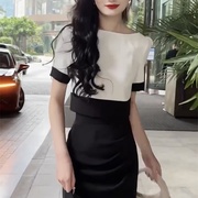 网红时尚套装裙女2024夏季法式拼色显瘦短袖+高腰半身裙