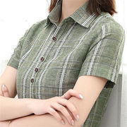 棉麻格子衬衫女2023年中年上衣，妈妈女士衬衣，复古港风夏季短袖