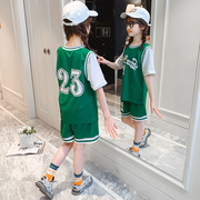 夏款假两件短袖女童运动风套装初中学生表演服黑色绿色短裤两件套