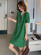 绿色蕾丝连衣裙女夏欧洲站欧货女装潮高级感显瘦气质a字雷丝裙子