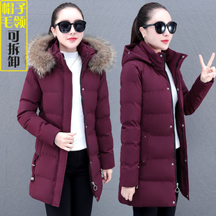冬季中长款棉衣女中年，妈妈羽绒棉加厚大棉袄带帽毛领，轻薄包臀外套