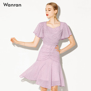 夏装2024女装紫色，气质收腰雪纺裙子，性感显瘦中长款波点连衣