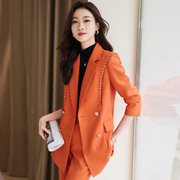 橙色西装外套女春秋2023气质女神范，工作服修身高级感职业套装