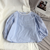 韩版女童衬衫春套头长袖衬衫，灯笼袖蓝色童装，花边领泡泡袖女童衬衫