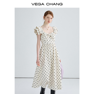 vegachang法式吊带连衣裙，女2024夏收腰显瘦气质波点茶歇长裙