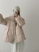 韩版针织大翻领披肩，羽绒服女中长款2023冬加厚保暖面包服外套