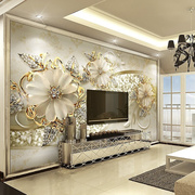 欧式奢华珠宝大型壁画沙发电视背景墙壁纸3d立体金色花朵无缝壁布