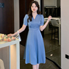 夏季短袖连衣裙蓝色韩版高腰显瘦V领气质中长款裙子女