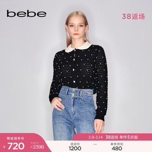 bebe秋冬系列短款羊毛娃娃领珍珠，领毛衣针织开衫430610