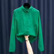 春装衬衣时尚糖果色欧货宝石绿色衬衫女设计感港风上衣